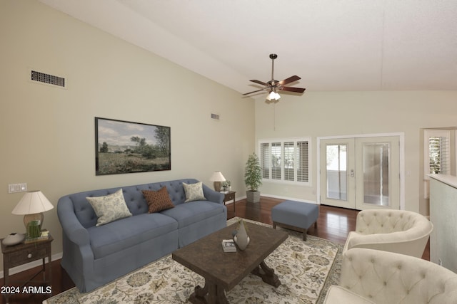 living room with french doors, high vaulted ceiling, ceiling fan, and wood-type flooring