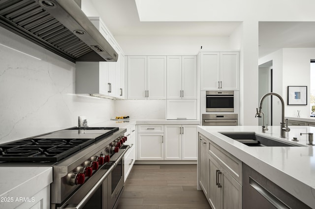 kitchen with sink, extractor fan, white cabinetry, appliances with stainless steel finishes, and backsplash