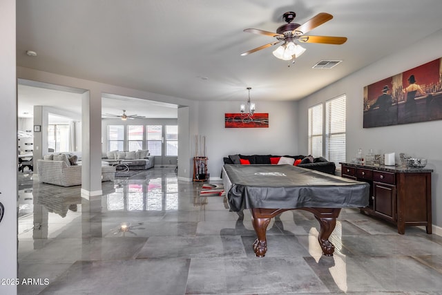 game room with visible vents, pool table, a ceiling fan, and baseboards