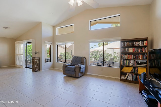 3928 N 151st Ave, Goodyear, AZ 85395 - sitting room featuring ceiling fan, tile patterned flooring, high vaulted ceiling, baseboards, and visible vents