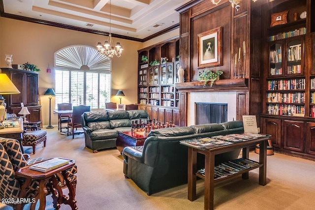 3928 N 151st Ave, Goodyear, AZ 85395 - carpeted living area with ornamental molding, coffered ceiling, a chandelier, and a fireplace