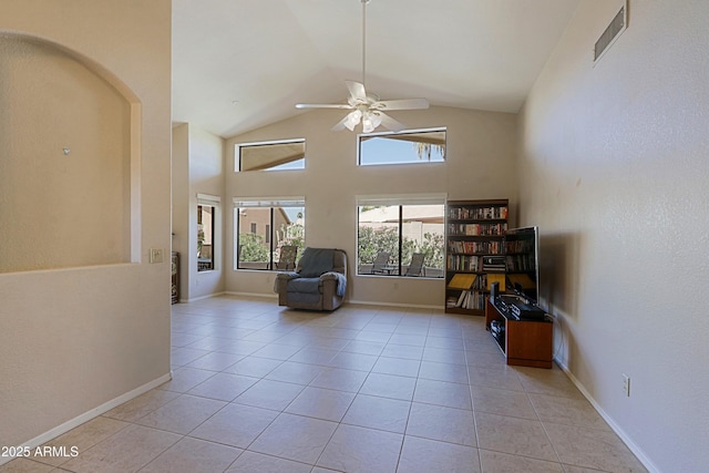 3928 N 151st Ave, Goodyear, AZ 85395 - sitting room featuring visible vents, lofted ceiling, baseboards, ceiling fan, and light tile patterned floors