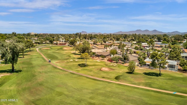 birds eye view of property featuring a residential view, a mountain view, and golf course view