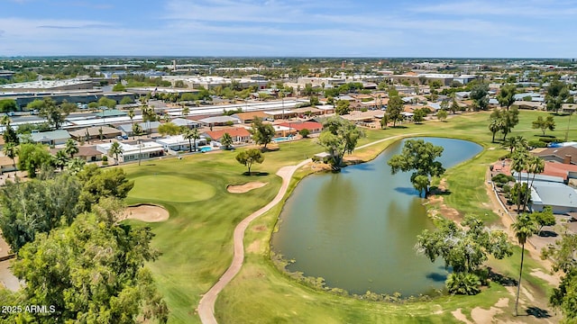 birds eye view of property featuring a residential view, a water view, and golf course view