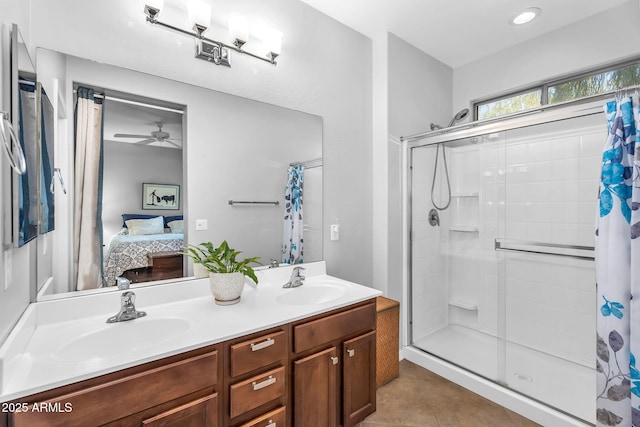 bathroom featuring ensuite bath, a sink, and a stall shower