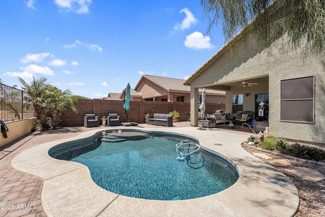 view of pool featuring an outdoor living space, a fenced backyard, a patio area, and a fenced in pool