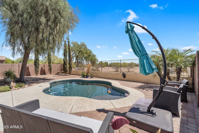 view of pool with a fenced in pool, a fenced backyard, and a patio area