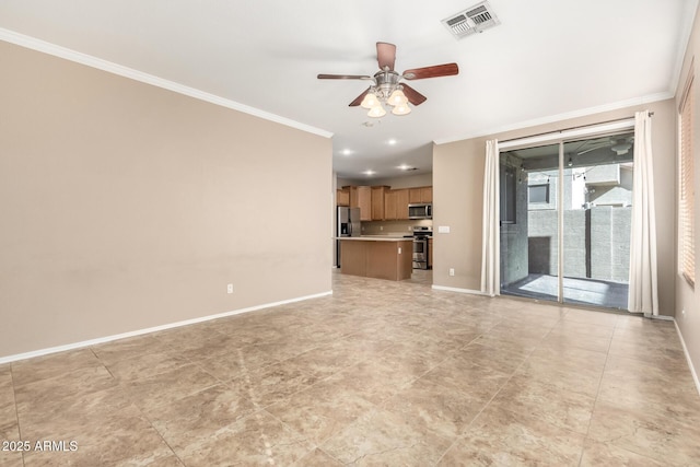 unfurnished living room featuring crown molding and ceiling fan