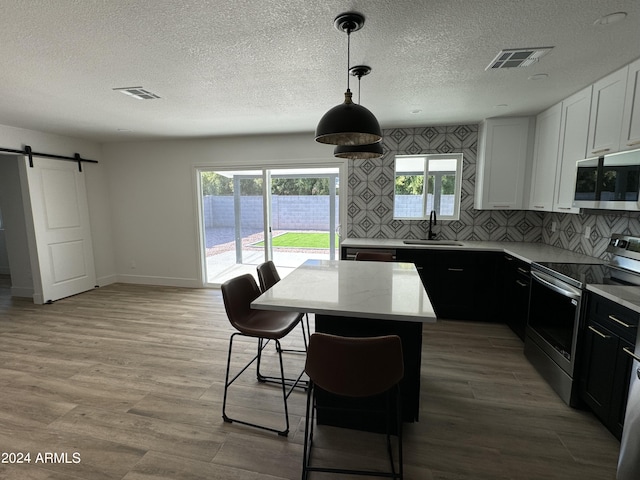 kitchen with a center island, white cabinetry, hanging light fixtures, a barn door, and appliances with stainless steel finishes