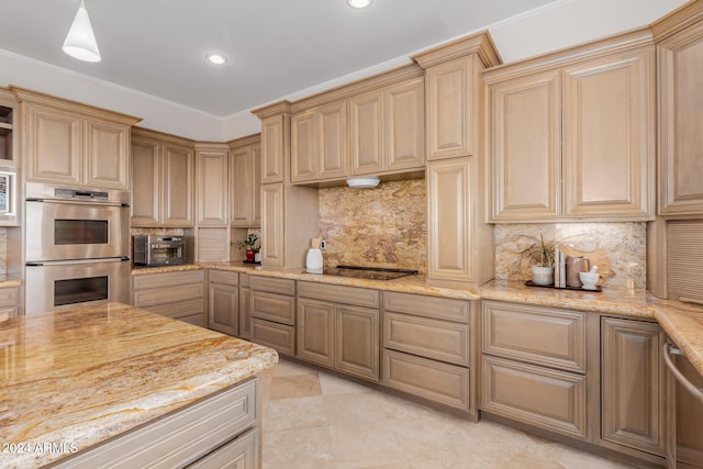 kitchen featuring backsplash, light stone countertops, ornamental molding, appliances with stainless steel finishes, and decorative light fixtures