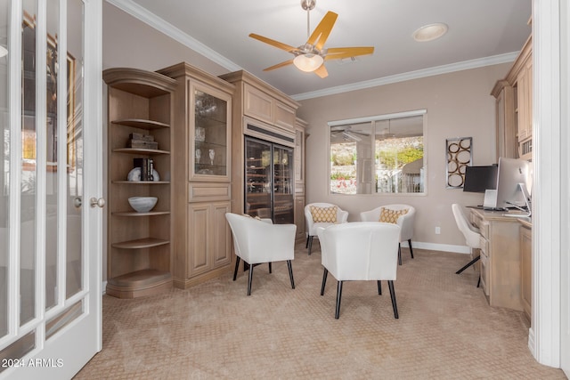 carpeted home office featuring ceiling fan, beverage cooler, and ornamental molding