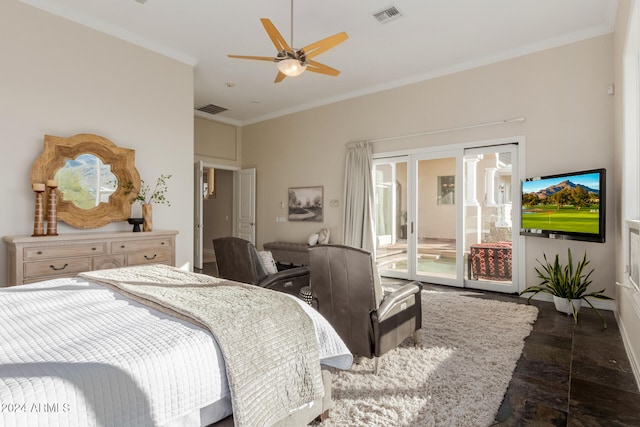 bedroom featuring access to outside, ceiling fan, and crown molding