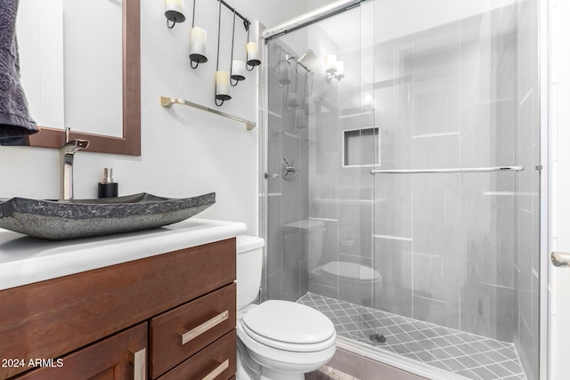 bathroom with vanity, toilet, and an enclosed shower