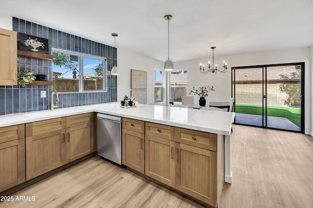 5122 W Mercury Way, Chandler, AZ 85226 - kitchen with dishwasher, a peninsula, light wood-style flooring, a chandelier, and open shelves