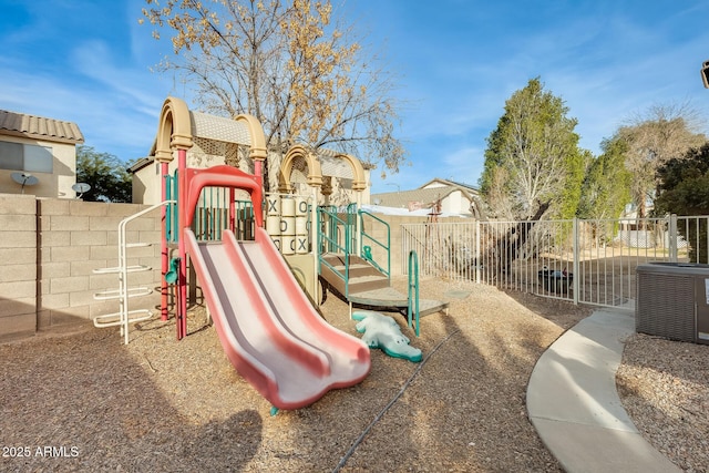 view of jungle gym featuring central AC