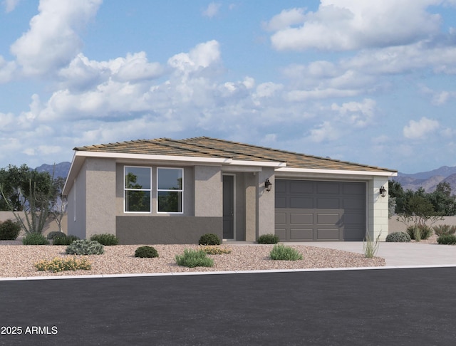 view of front of property with a mountain view, a garage, concrete driveway, and stucco siding