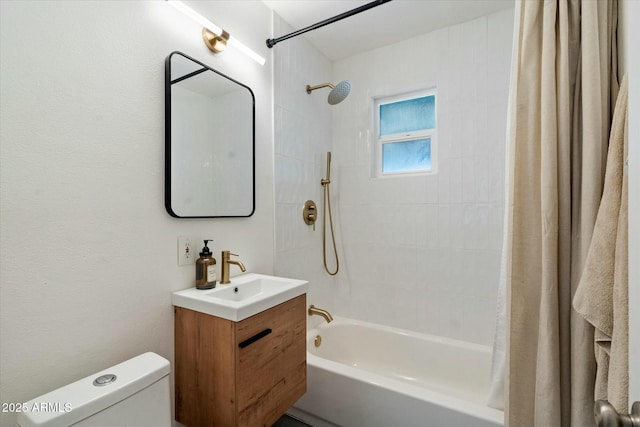 full bathroom with vanity, toilet, and shower / bathtub combination with curtain