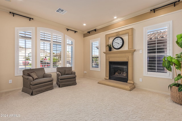 carpeted living room with plenty of natural light and ornamental molding