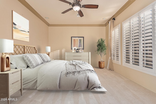 bedroom featuring light carpet, ceiling fan, and ornamental molding