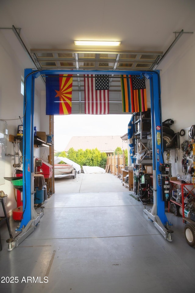 garage featuring a workshop area