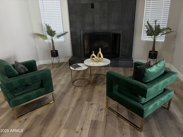 living area featuring a large fireplace, a healthy amount of sunlight, baseboards, and wood finished floors