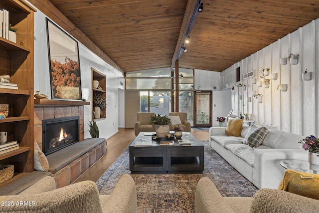 1522 W Myrtle Ave, Phoenix, AZ 85021 - living area featuring track lighting, wooden ceiling, wood finished floors, and a tile fireplace