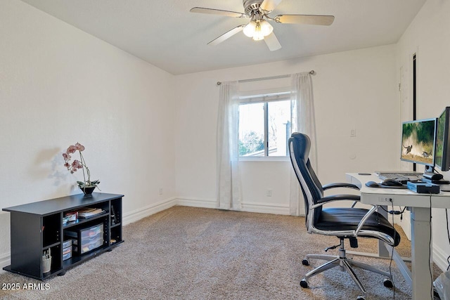 carpeted office with ceiling fan