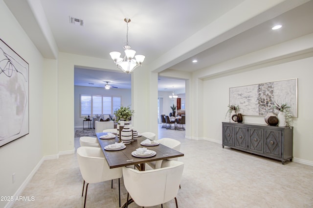 3753 E Ellis St, Mesa, AZ 85205 - dining area with baseboards, ceiling fan with notable chandelier, recessed lighting, and visible vents