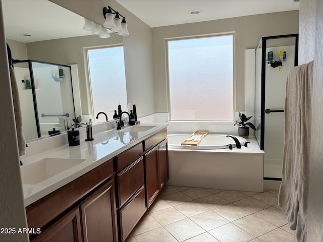 984 W Belmont Red Trl, San Tan Valley, AZ 85143 - full bathroom with a garden tub, a stall shower, double vanity, and tile patterned flooring