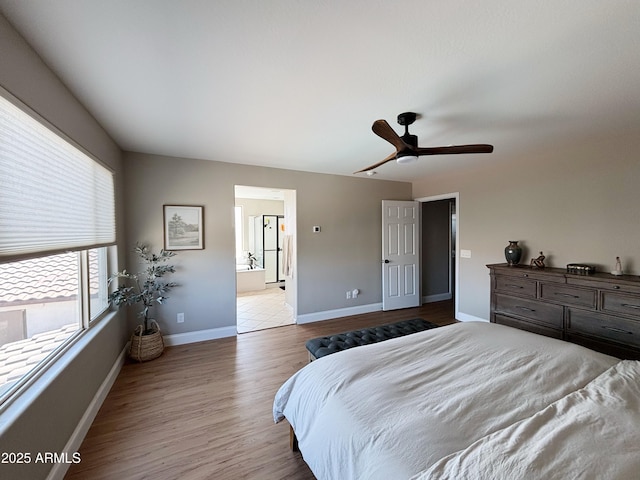 984 W Belmont Red Trl, San Tan Valley, AZ 85143 - bedroom with wood finished floors, baseboards, ensuite bathroom, and ceiling fan
