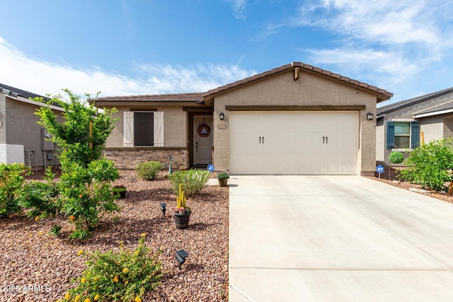 single story home with a garage, driveway, and stucco siding