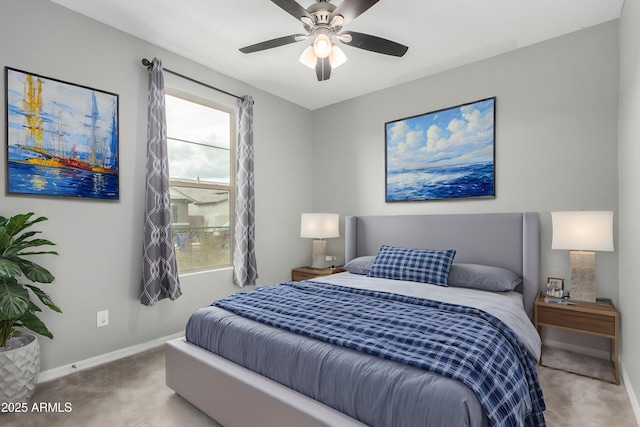 bedroom featuring carpet flooring, a ceiling fan, and baseboards