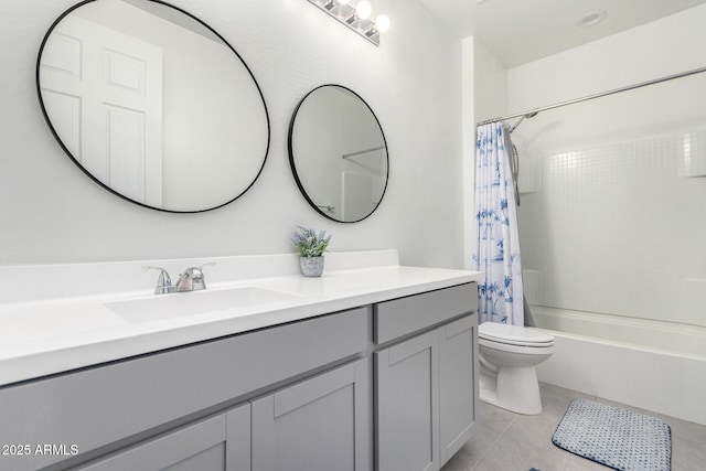 bathroom with shower / tub combo, toilet, vanity, and tile patterned flooring