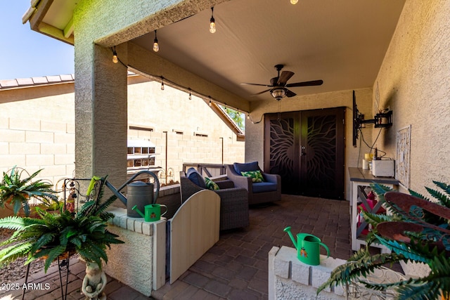 14112 W Larkspur Dr, Surprise, AZ 85379 - view of patio / terrace with fence, ceiling fan, and an outdoor hangout area