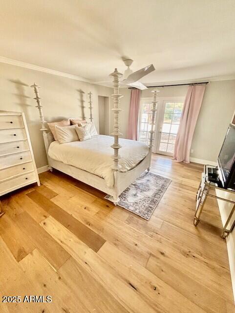 bedroom featuring wood-type flooring, ornamental molding, access to exterior, and ceiling fan