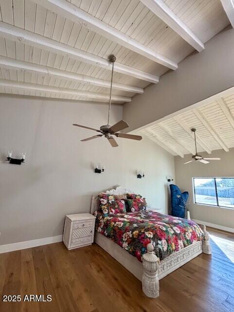 bedroom featuring hardwood / wood-style flooring, wooden ceiling, and lofted ceiling with beams