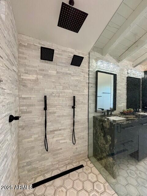 bathroom with beam ceiling, wooden ceiling, and a shower