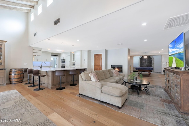 living room featuring plenty of natural light, sink, and light hardwood / wood-style flooring