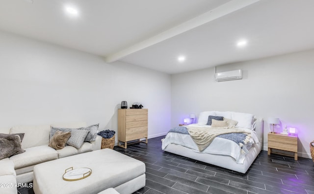 bedroom with a wall unit AC, recessed lighting, wood tiled floor, beamed ceiling, and baseboards