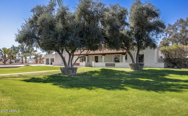 view of front facade with a front lawn and stucco siding