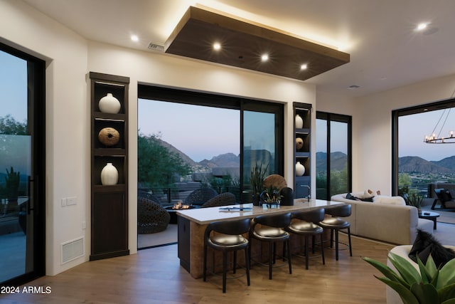 kitchen with a mountain view, a breakfast bar, light hardwood / wood-style flooring, and plenty of natural light