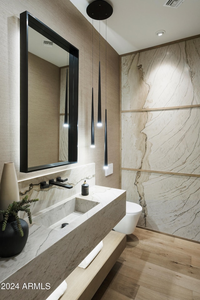 bathroom featuring hardwood / wood-style flooring, vanity, and toilet