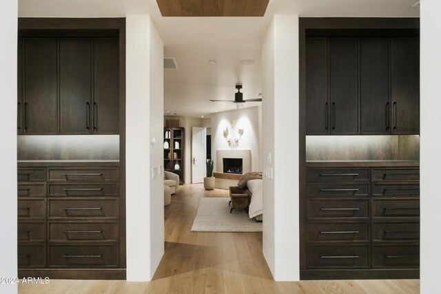 entrance foyer with ceiling fan and light hardwood / wood-style floors