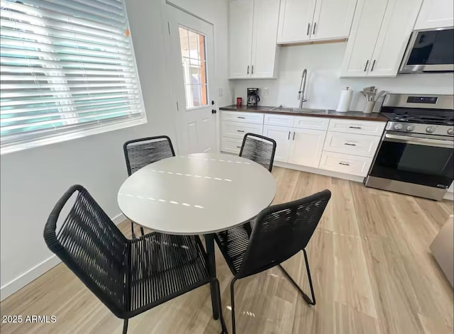 kitchen featuring a sink, white cabinets, light wood-style floors, baseboards, and appliances with stainless steel finishes