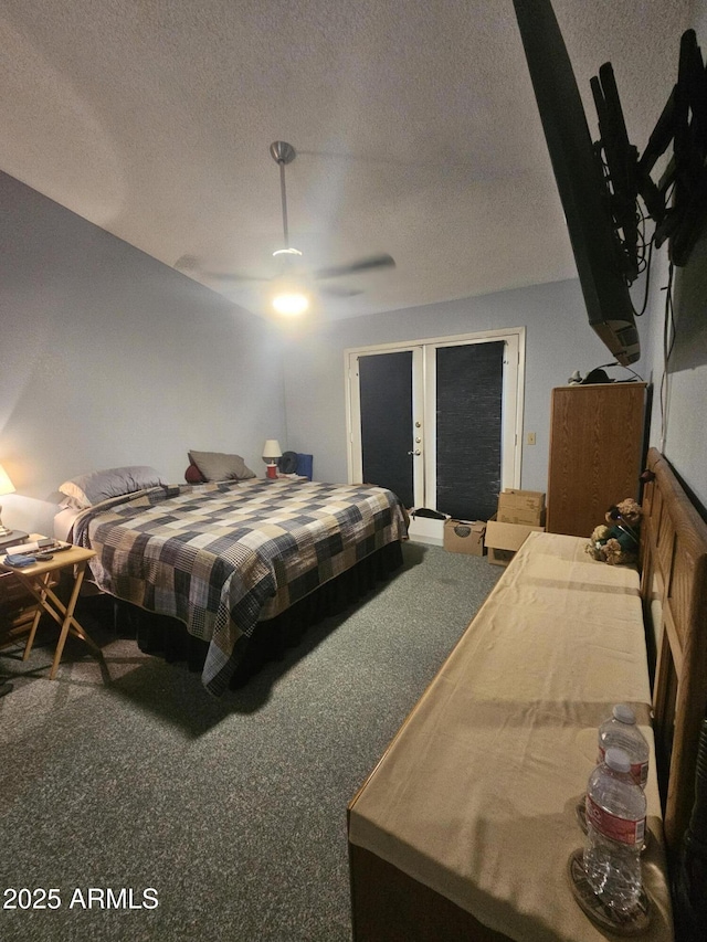 6036 W Mescal St, Glendale, AZ 85304 - bedroom with carpet flooring, a textured ceiling, french doors, a ceiling fan, and access to exterior