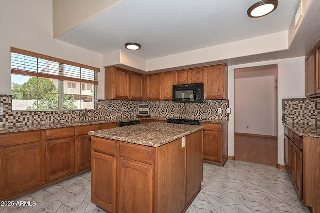 6928 W Oraibi Dr, Glendale, AZ 85308 - kitchen with black appliances, stone counters, brown cabinetry, and tasteful backsplash