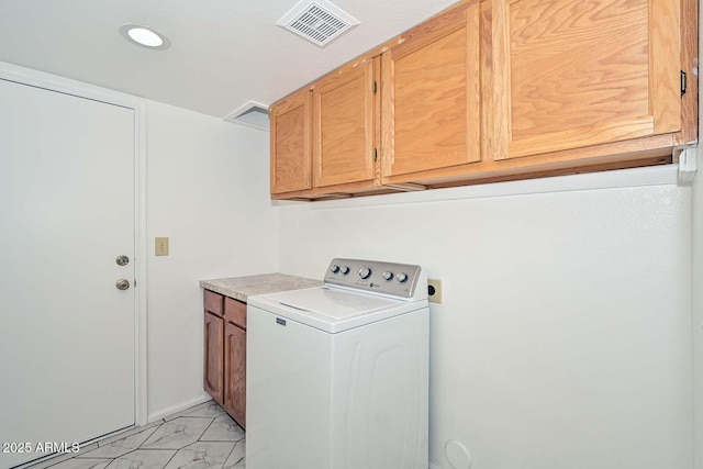 6928 W Oraibi Dr, Glendale, AZ 85308 - laundry area with washer / clothes dryer, cabinet space, light marble finish flooring, and recessed lighting
