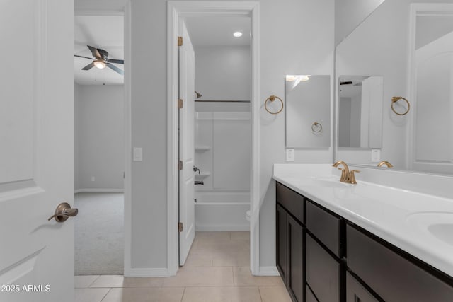 22788 E Orion Way, Queen Creek, AZ 85142 - bathroom with double vanity, a ceiling fan, tile patterned floors, and washtub / shower combination