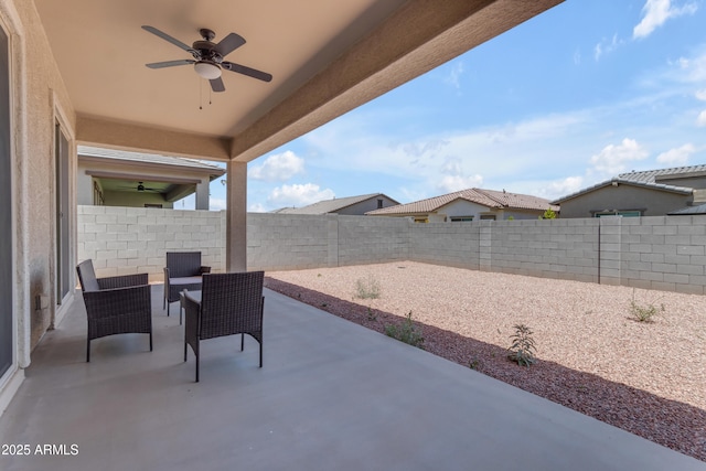 22788 E Orion Way, Queen Creek, AZ 85142 - fenced backyard featuring a ceiling fan and a patio area