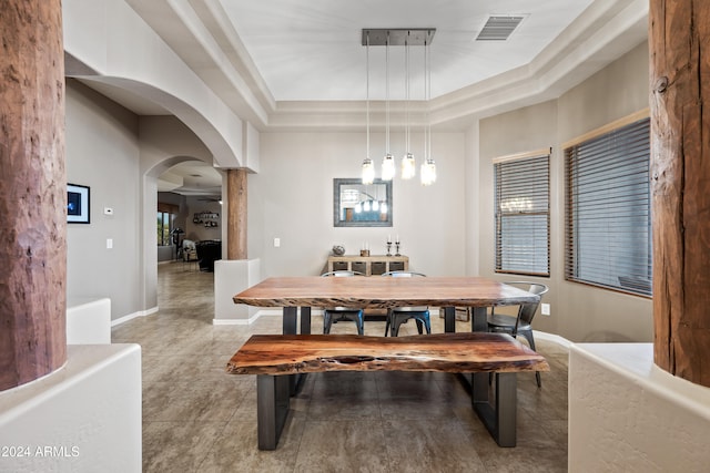 dining space with a healthy amount of sunlight and a raised ceiling